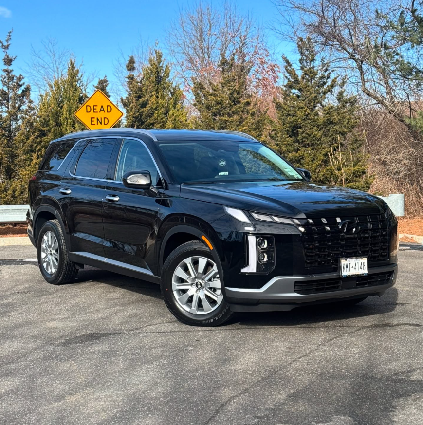 Black Hyundai Palisade three-row SUV with parametric grille, LED daytime running lights, and silver alloy wheels parked outdoors on a sunny day