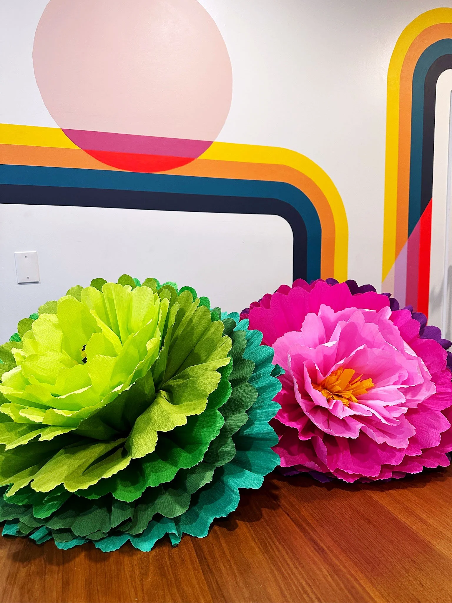 Pink and Green oversized layered crepe flowers