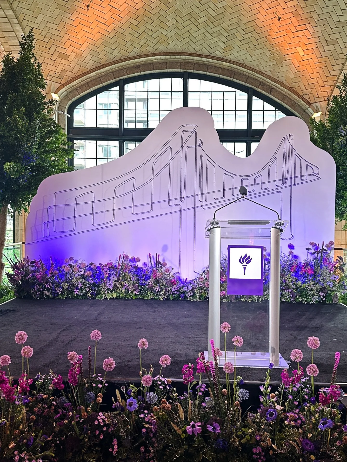 Bridging to the Future - @nyuniversity Honors Dinner Backdrop!  This string art installation was 16 feet wide and 13 feet tall with over 250 nails and one continuous NYU-purple string.  Thank you for having us and congrats to all the graduates.