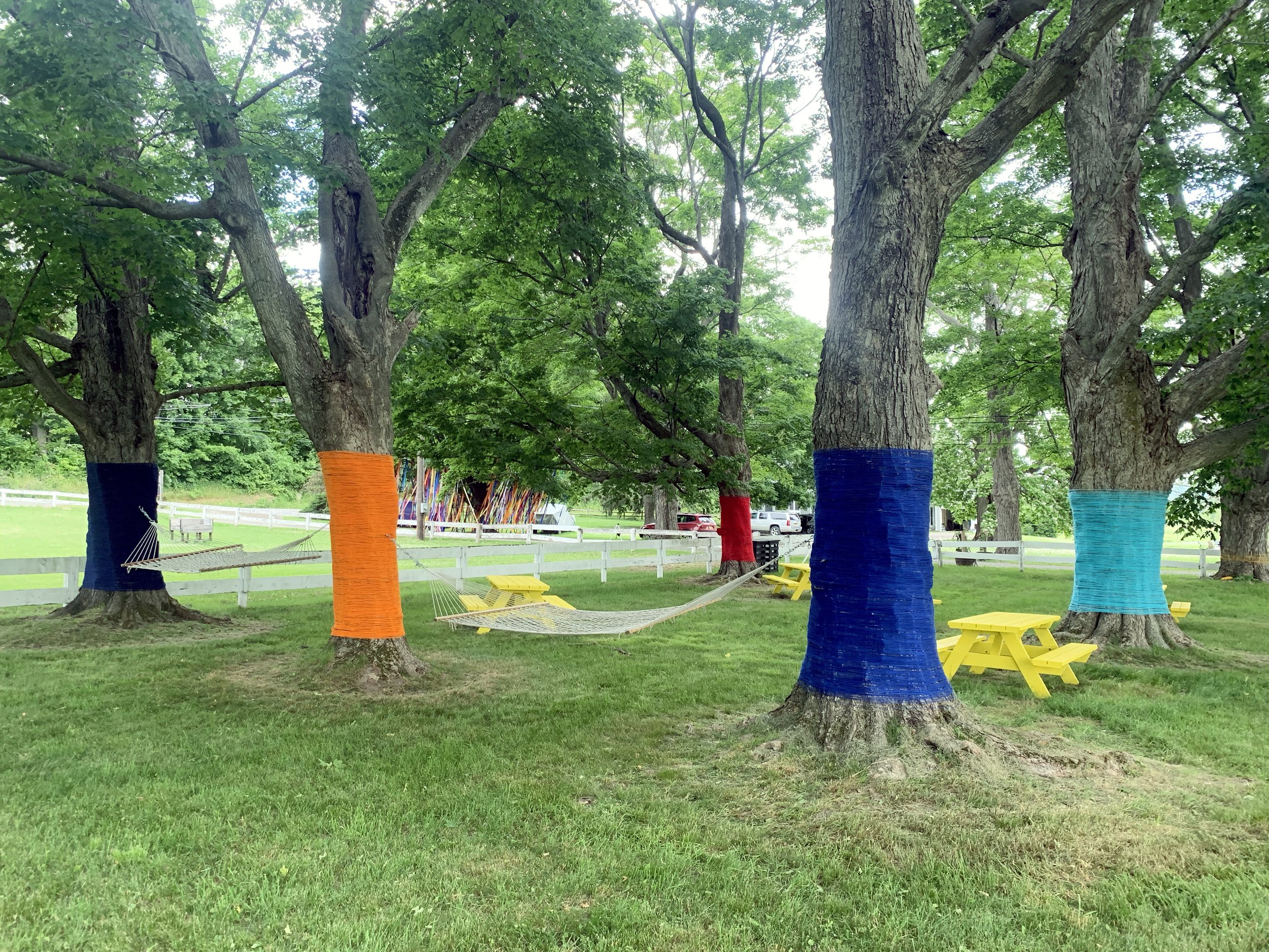 FarmOn! Foundation Nick Sizemore Color Studios Empire Farm Copake NY String Installation String Art Summer 2022 Pantone Yellow Picnic Tables