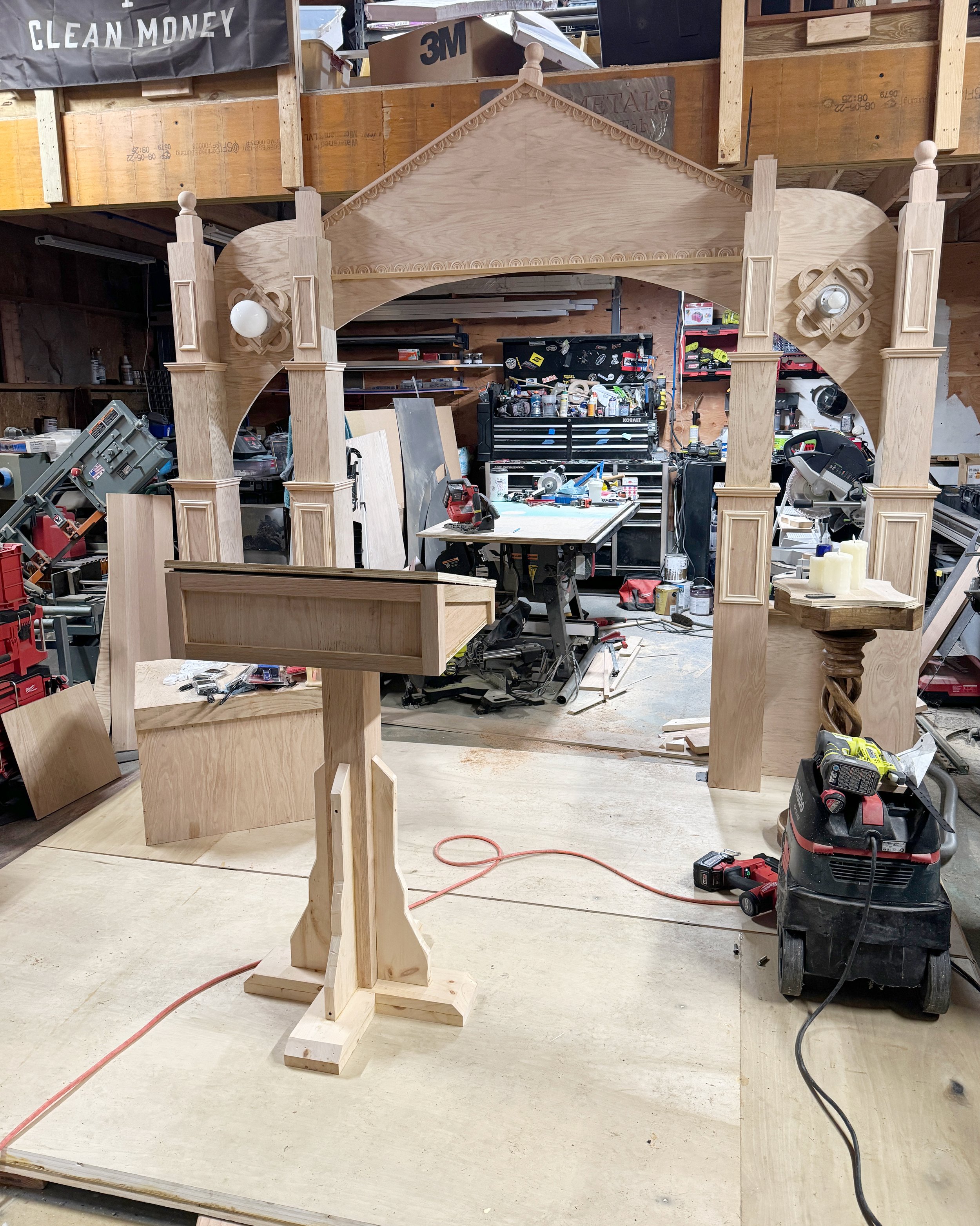 The handmade wood structure for the "Harry Potter and The Cursed Child" Grand Central photo booth in process of being created.