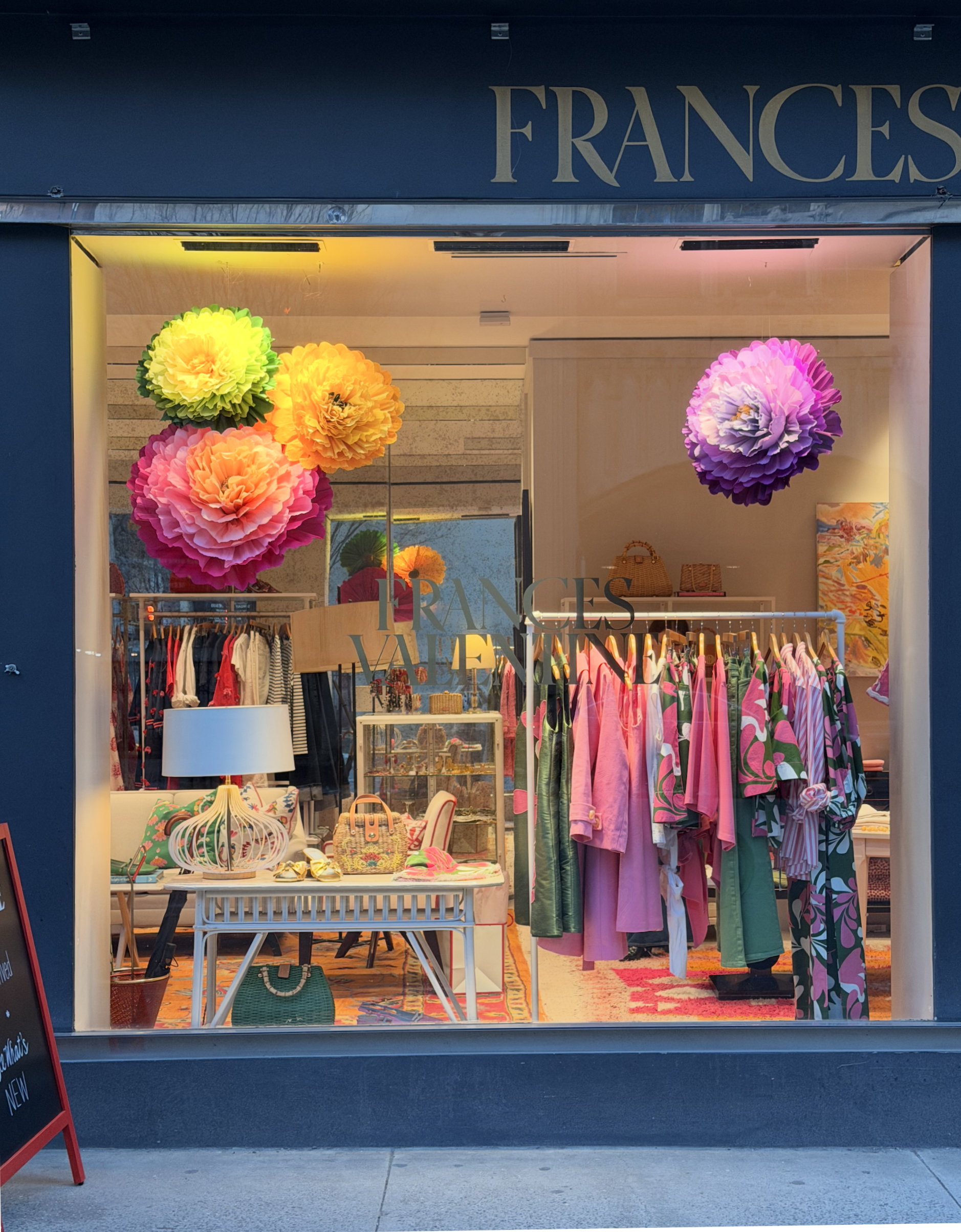 Second store window for Frances Valentine with oversized crepe flowers 