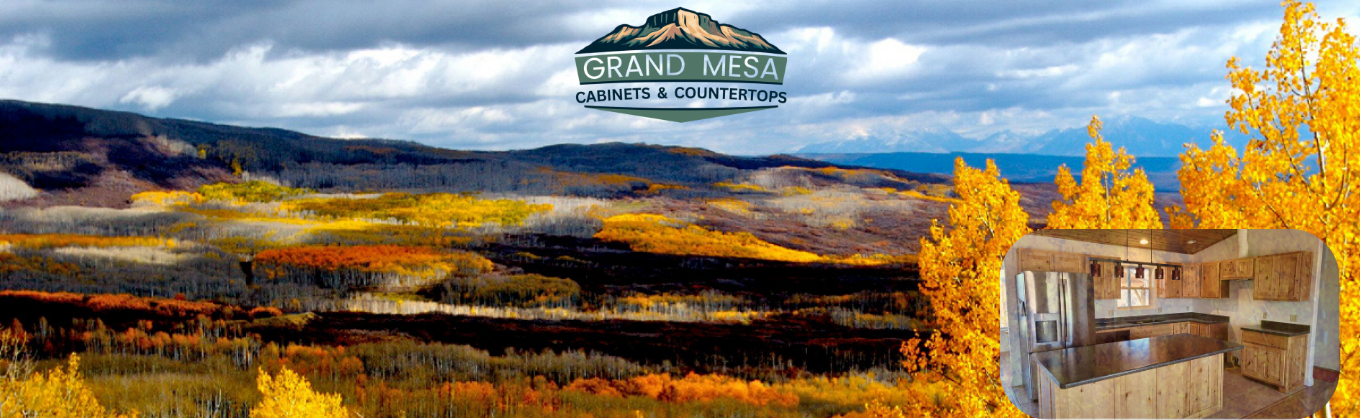 A landscape of the Grand Mesa in fall colors under a cloudy sky, with the 'Grand Mesa Cabinets & Countertops' logo at the top and a small inset image of a rustic kitchen in the bottom right corner.