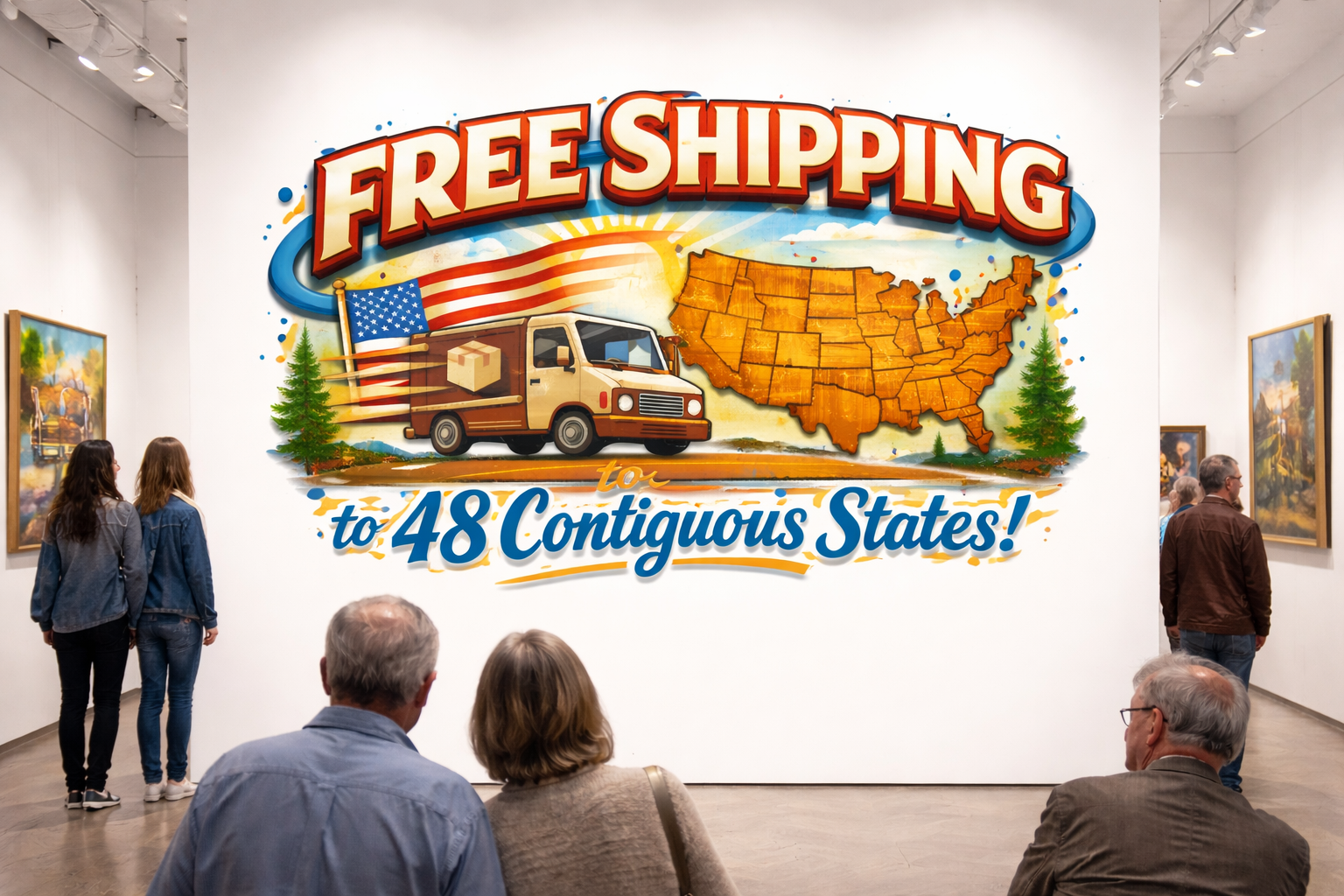 Gallery wall with large mural advertising free shipping to 48 contiguous U.S. states, featuring a delivery truck, a map of the U.S., and people viewing artwork.