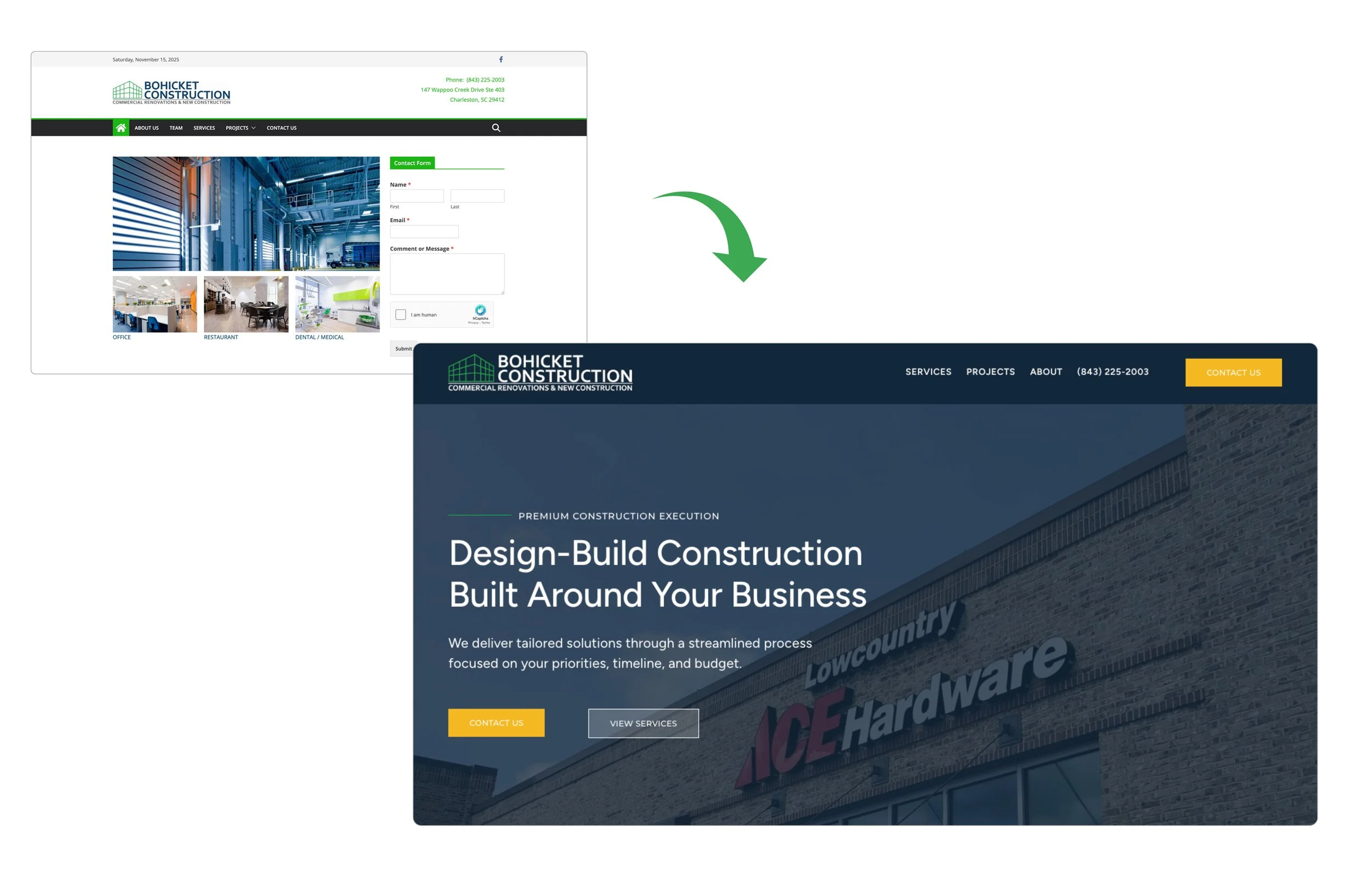 Before and after website revamp for construction company.