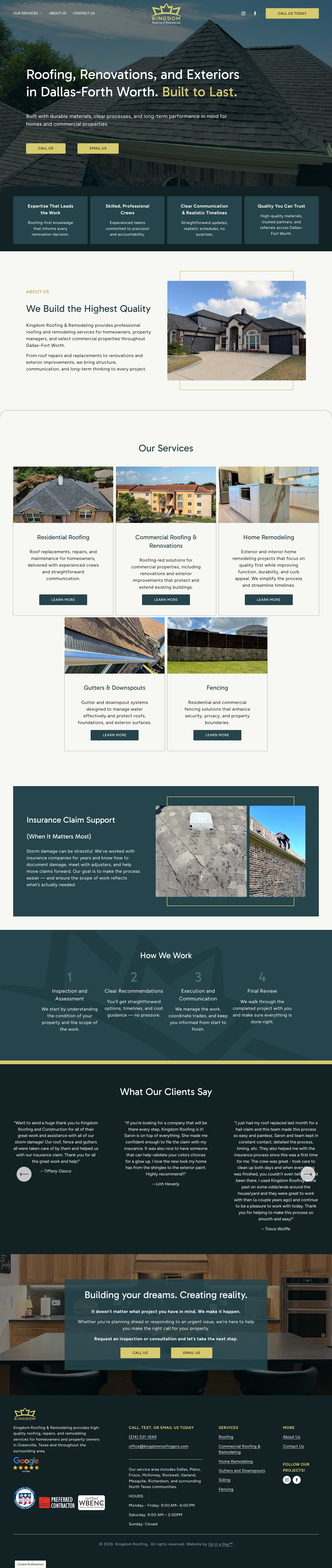 After website revamp by Up in a Day for a roofing and remodeling company in Dallas, Texas.