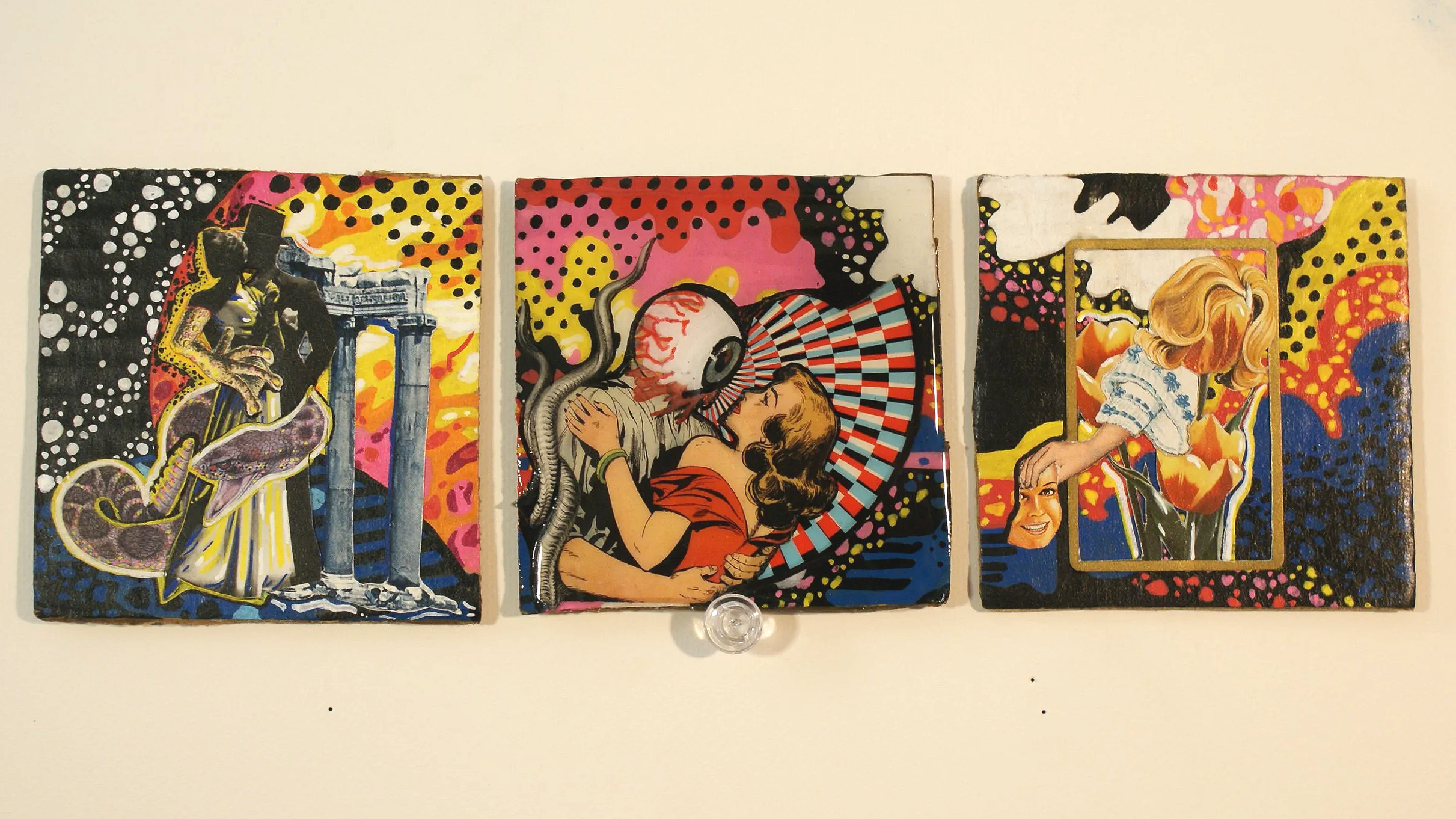 Untitled set #1,
2026,
Mixed media collage on cardboard, sealed in epoxy resin