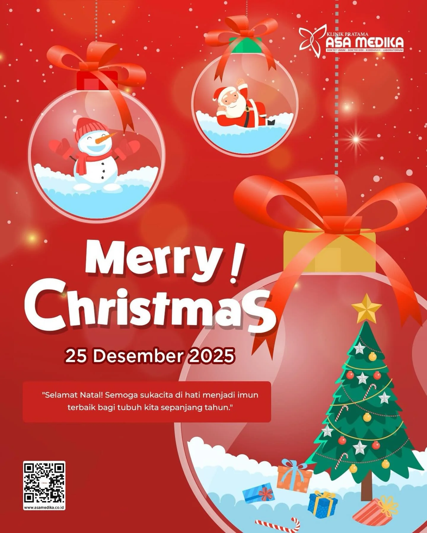 [Klinik Asa Medika | Merry Christmas]

Salam Sehat dan Bahagia

Kami segenap keluarga besar Klinik Asa Medika mengucapkan:

&ldquo;Selamat Memperingati Hari Natal 2025&rdquo;

Semoga sukacita selalu mermbersamai kita semua🥰🥰

-Cepat, Tepat dan Nyam