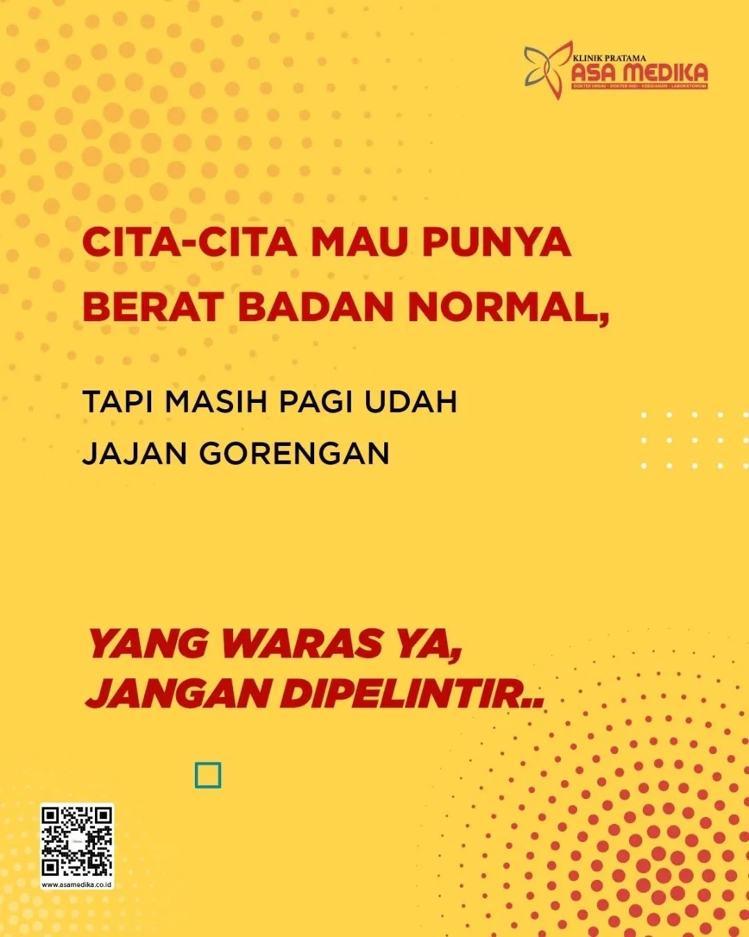 [Sobat Asa Harus Tetap Waras yaa!]

Salam Sehat dan Bahagia

Di tengah hebohnya kabar di medsos, tidak ada alasan lagi untuk Sobat Asa tidak menjaga pola hidup sehatnya yaaa. Kita harus tetap 'Waras' supaya selalu sehat dan bahagiaaa!😍😍

- Cepat, T