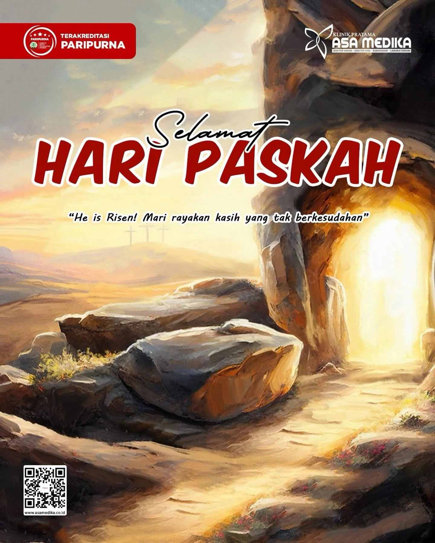 [Klinik Asa Medika | Paskah]

Harus Sehat dan Bahagia

Kami segenap keluarga besar Klinik Asa Medika mengucapkan:

&ldquo;Selamat Memperingati Paskah&rdquo;

Semoga kita semua dapat mengalami kebangkitan harapan dan hidup yang baru.

-Cepat, Tepat da