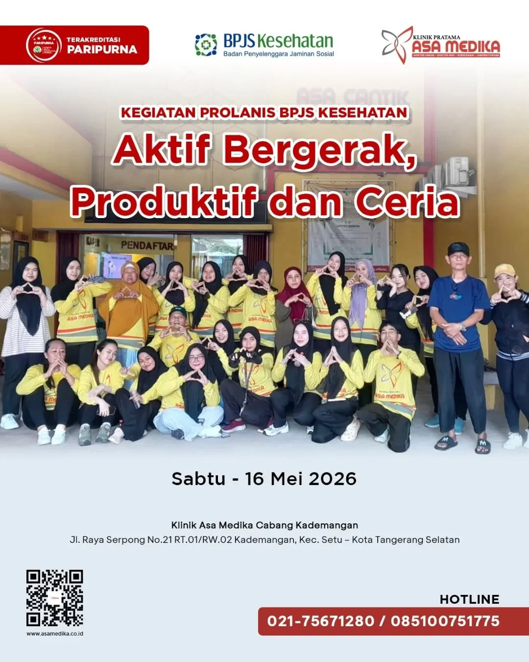 [Klinik Asa Medika | Prolanis Klinik Asa Medika Kademangan] 

Harus Sehat dan Bahagia

Klinik Asa Medika Kademangan telah menjalani kegiatan Prolanis pada tanggal 16 Mei  2026. Kegiatan ini dilaksanakan dengan menyelenggarakan senam kesehatan dengan 