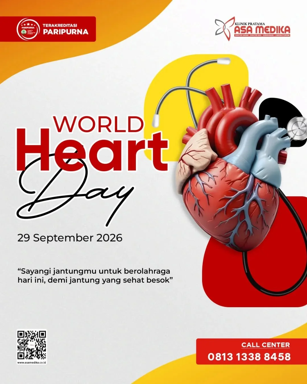 [Klinik Asa Medika | Hari Jantung Dunia 2026]

Harus Sehat dan Bahagia

Kami segenap keluarga besar Klinik Asa Medika mengucapkan:

&ldquo;Selamat Hari Jatung Dunia 2026&rdquo;

Sayangi jantungmu untuk berolahraga hari ini demi jantung yang sehat bes