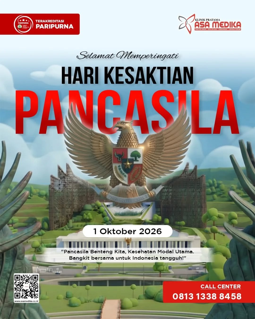 [Klinik Asa Medika | Hari Kesaktian Pancasila]

Harus Sehat dan Bahagia

Kami segenap keluarga besar Klinik Asa Medika mengucapkan:

&ldquo;Selamat Memperingati Hari Kesaktian Pancasila&rdquo;

-Cepat, Tepat dan Nyaman -

#klinikasamedika #harussehat