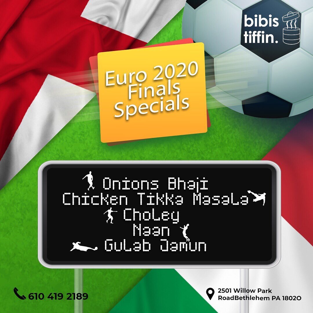 Which team are you rooting for? Come celebrate the Euro 2020 Finals with our specials menu! 
#euro2020finals #euro2020specials #indianfood #indianstreetfood #foodgram #foodstagram #foodiesofinstagram #foodie #specials #bethlehempa