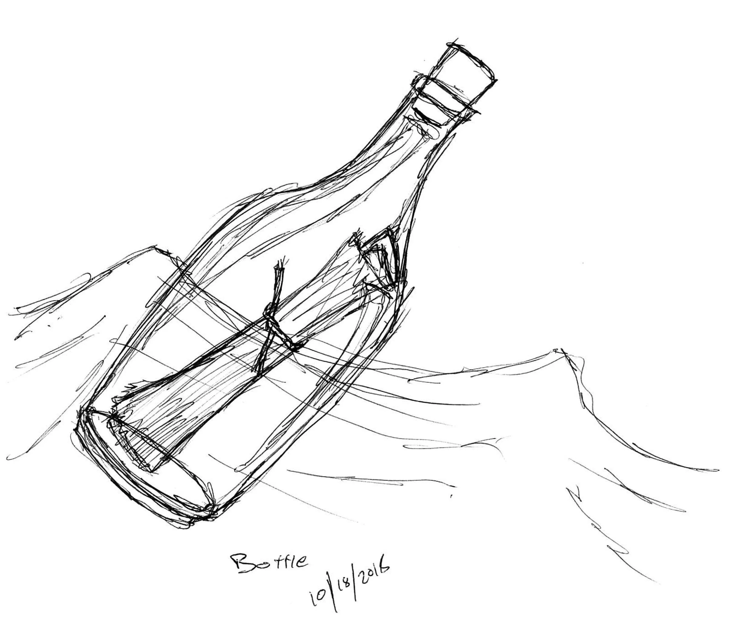 A sketch of a wine bottle lying on its side on a surface, drawn with quick, loose lines. The drawing is labeled "Bottle" with the date 10/18/2016.