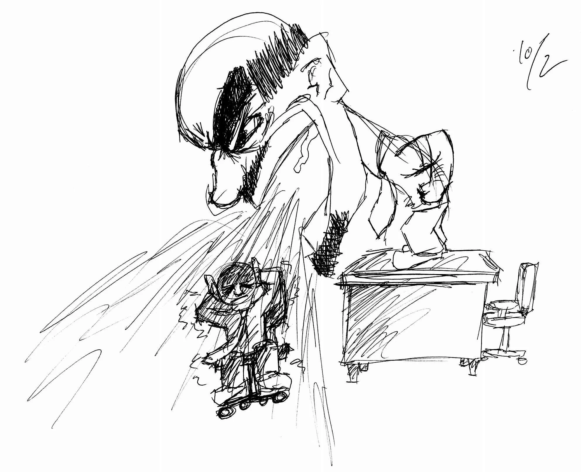 A sketch of a person with a large head and glasses sitting at a desk, with small characters around, including one on a skateboard and one working on a laptop.