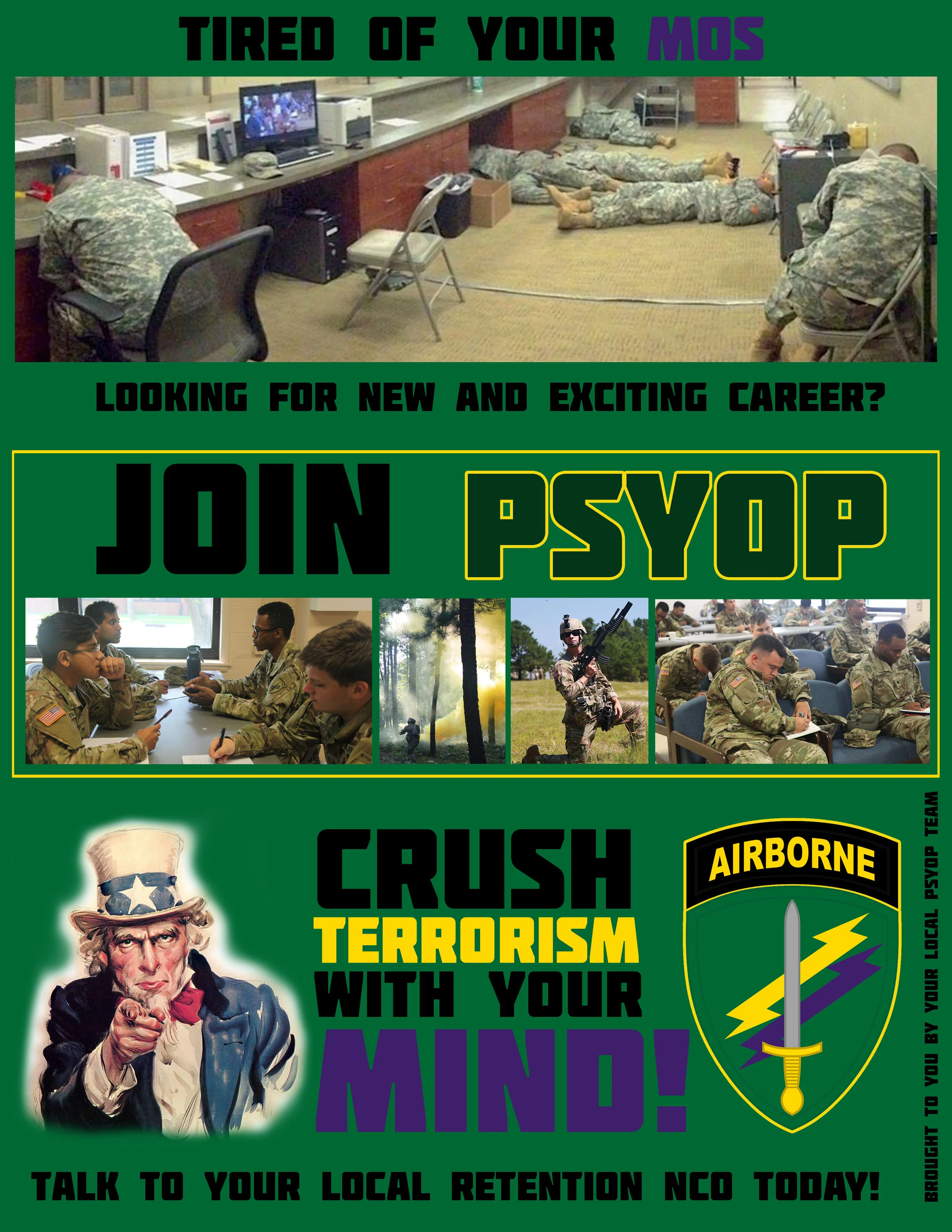 A recruitment poster with a background image of soldiers laying down and working in an office. The poster features a Uncle Sam illustration pointing with the text "Crush terrorism with your mind!" and a shield emblem with a sword and lightning bolts.