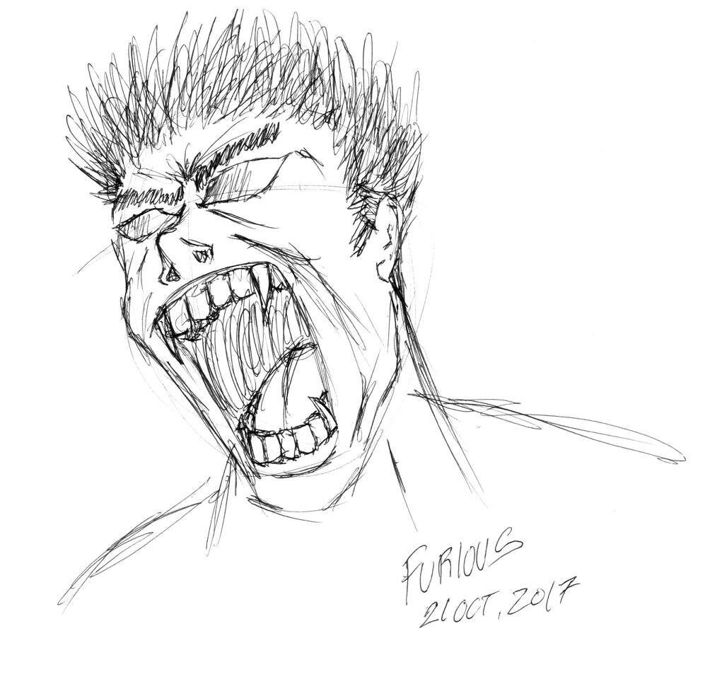 A sketch of a person with an angry or furious expression, mouth wide open, showing teeth, with spiky hair. The word 'FURIOUS' and the date '21 OCT 2017' are written at the bottom right corner.