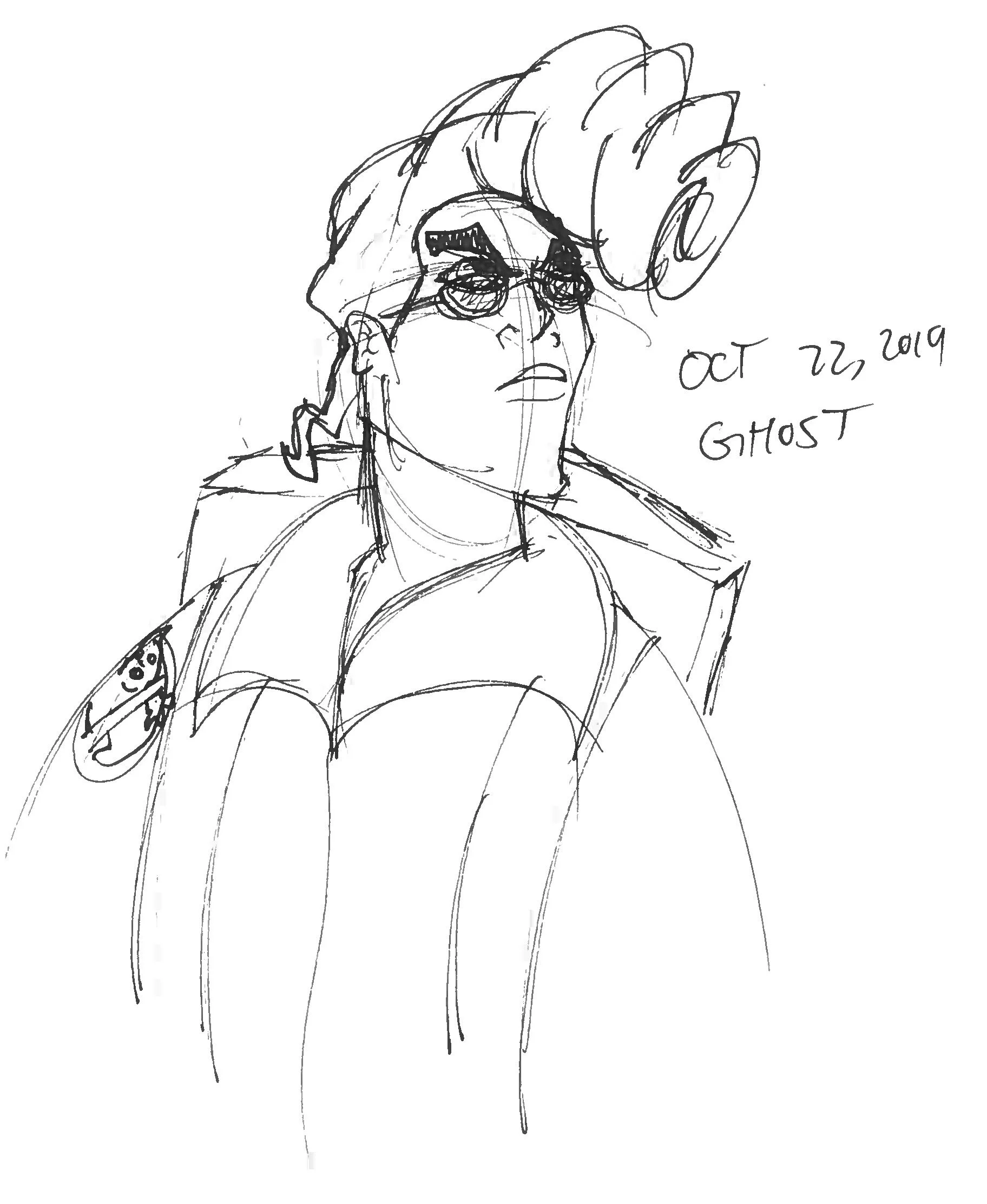 Sketch of a person with spiky hair, sunglasses, and earrings, wearing a jacket with patches, with handwritten date and title 'Oct 22, 2019 GHOST'