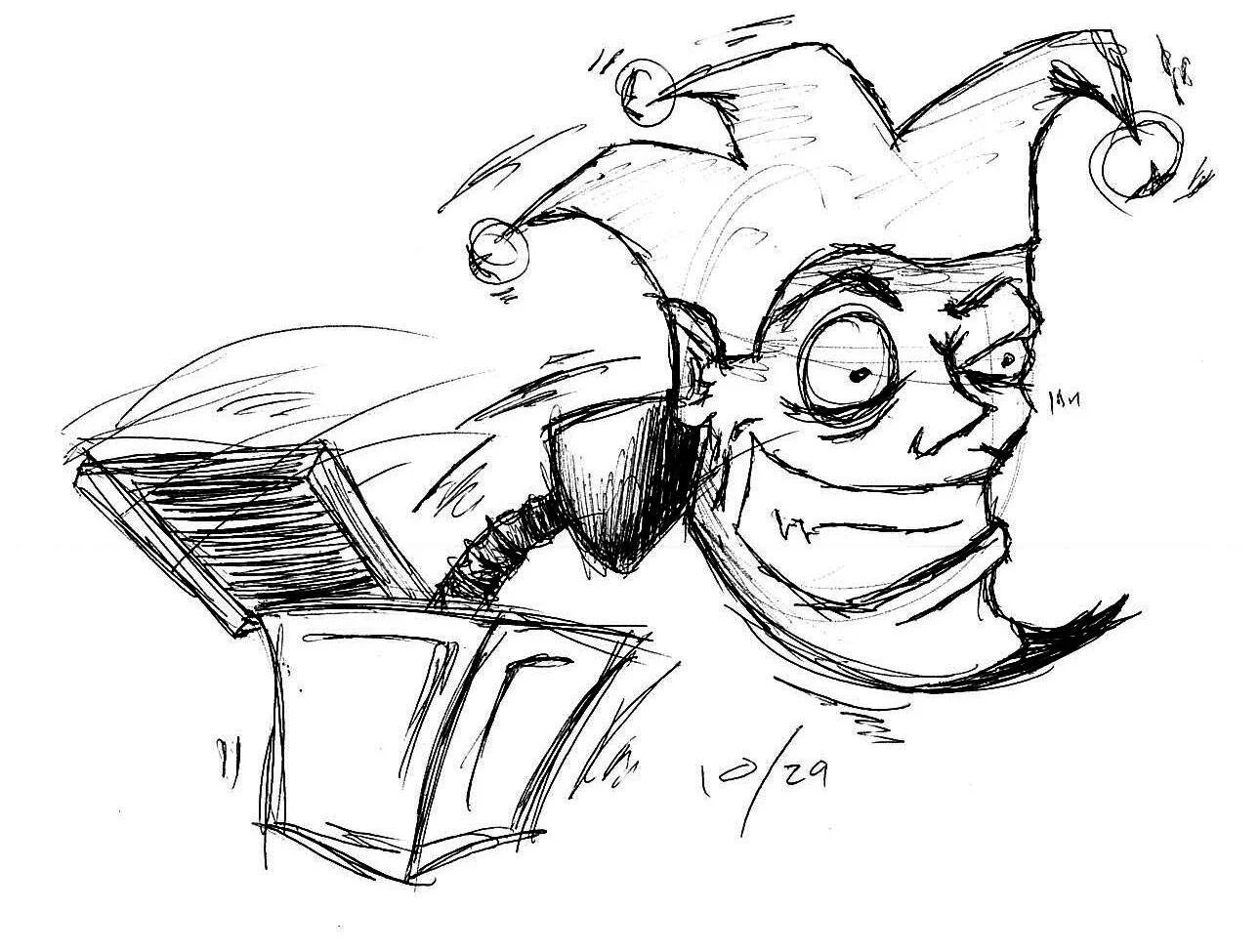 Black and white sketch of a mischievous jester with a wide grin, wearing a traditional jester's hat with bells, and sitting next to an open book.