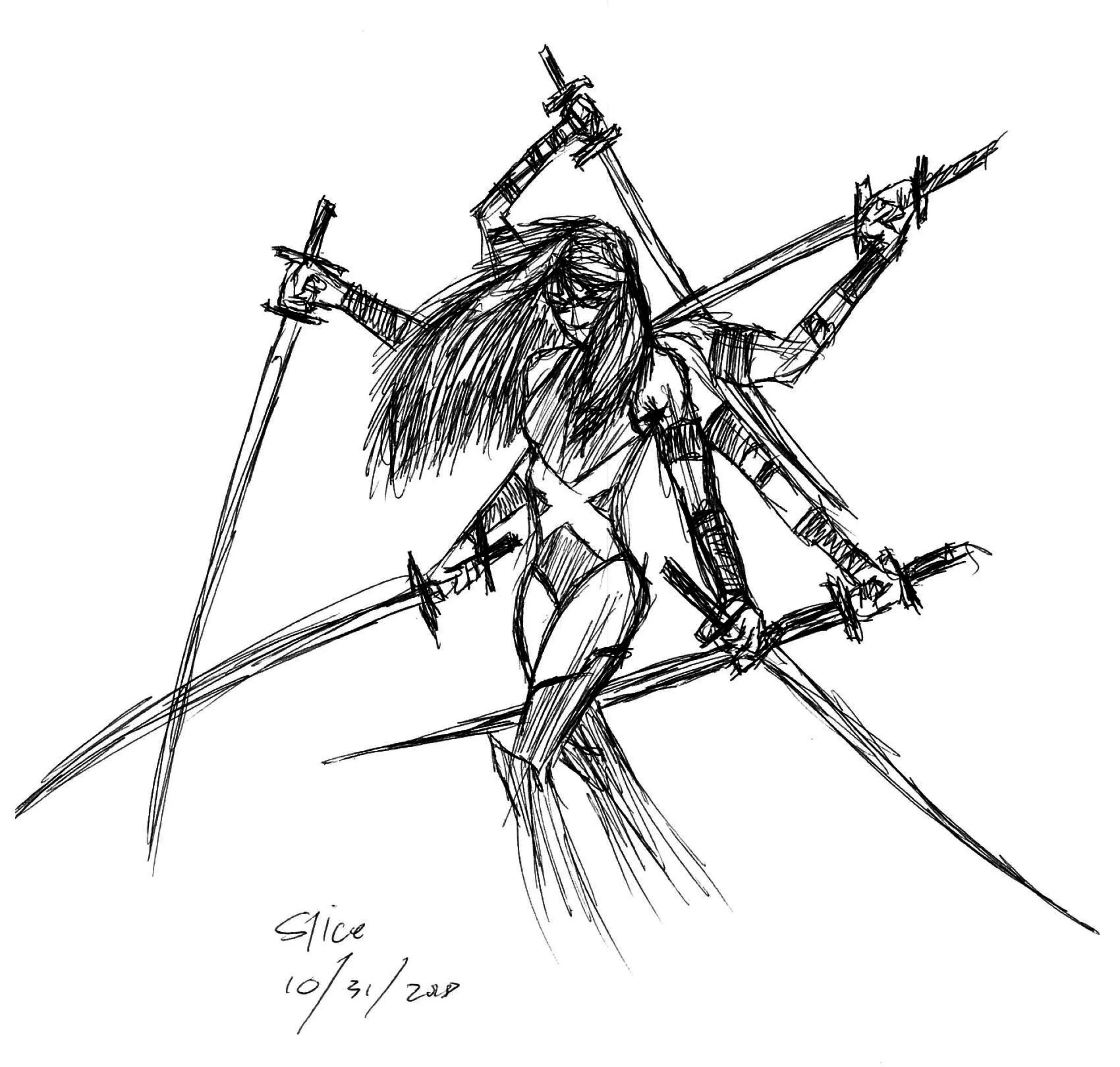 A detailed black and white sketch of a woman with long hair, wielding four swords, in a dynamic and fierce pose.