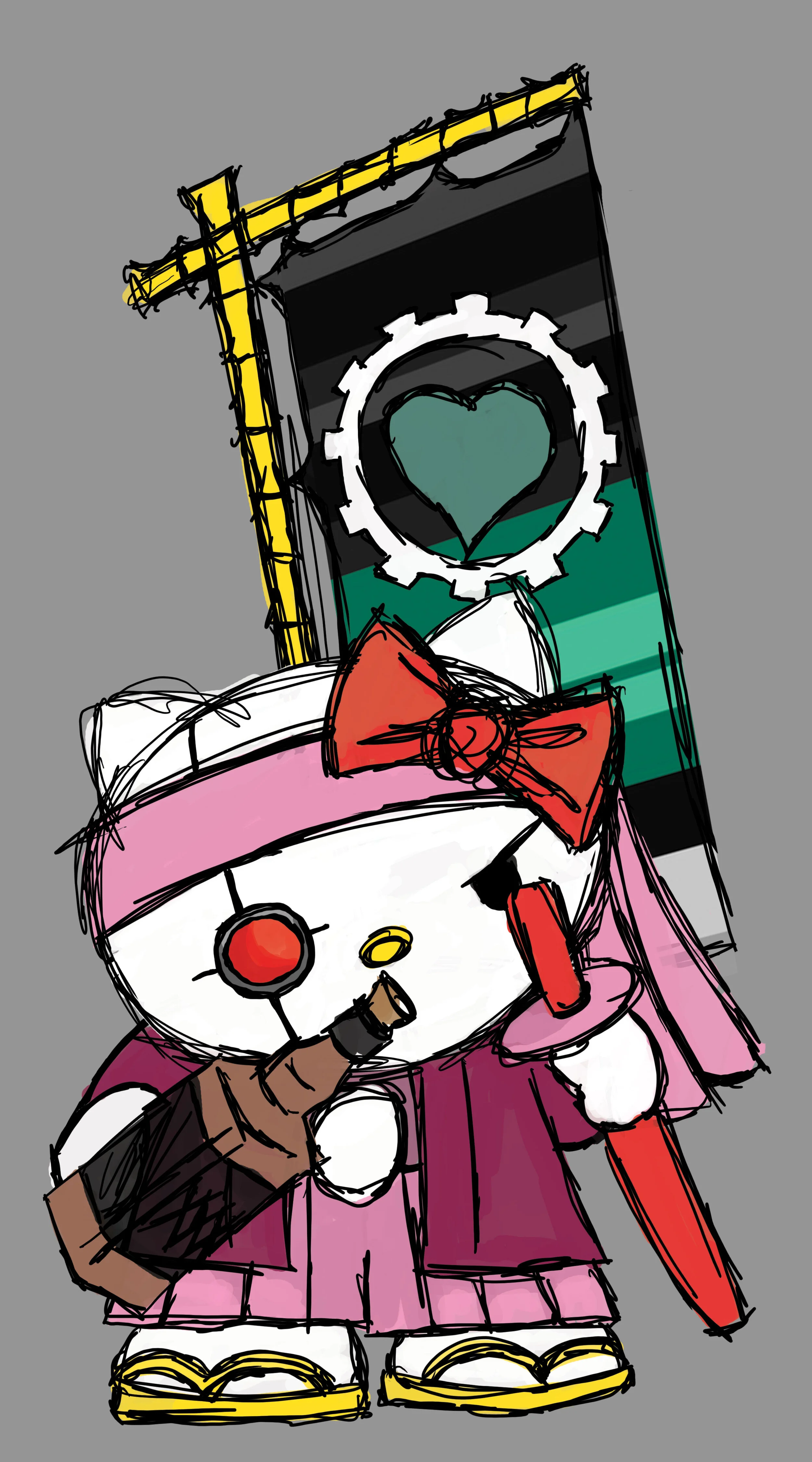A cartoon illustration of Hello Kitty wearing a pink dress, a pink headband, and yellow slippers, holding a red pencil, with a tattoo machine on her right arm. Behind her is a flag with a gear, a heart, and black, green, and yellow stripes, adorned w