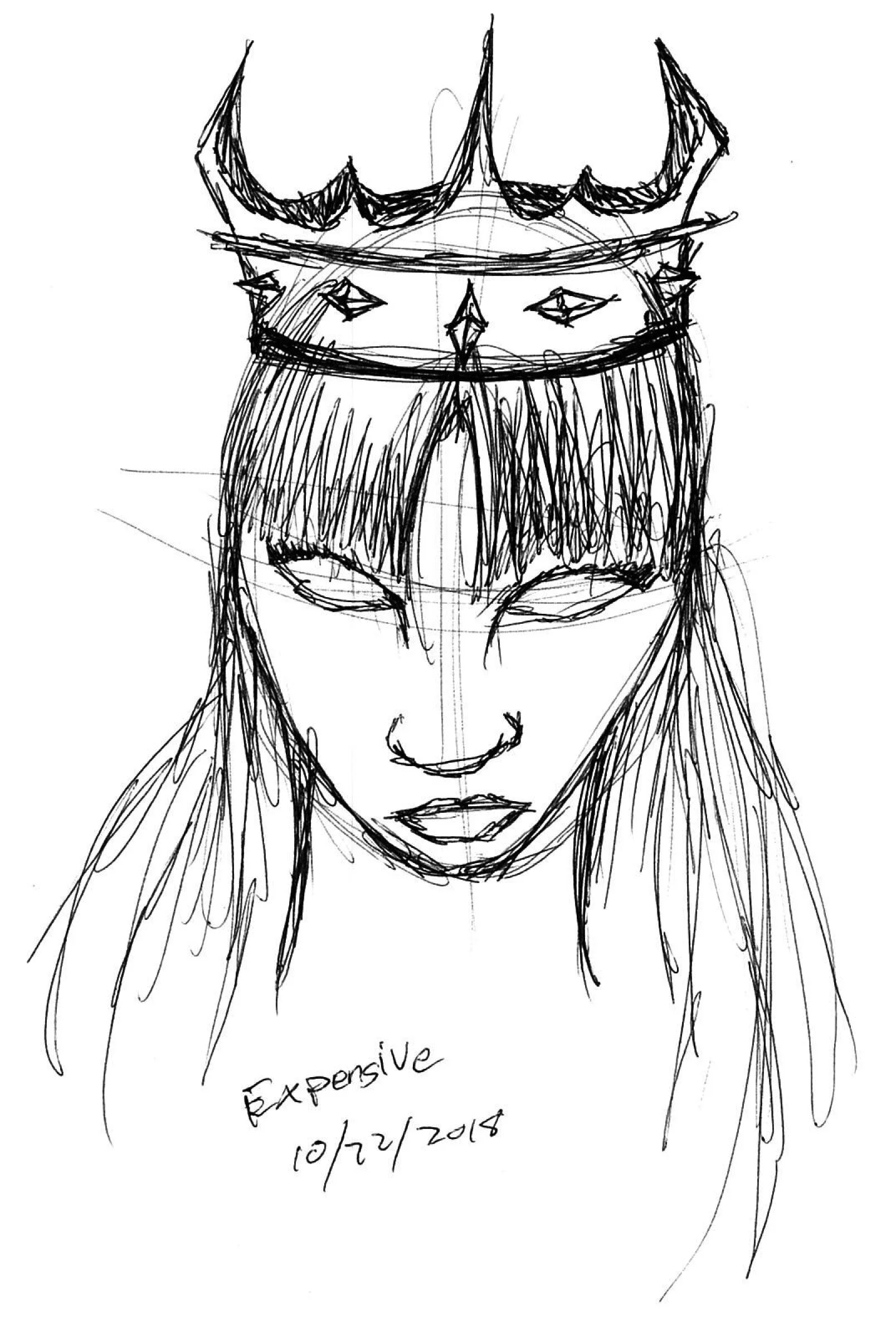 A sketch of a woman with long hair wearing a crown with spikes, her eyes closed, and lips slightly parted. The sketch is titled "Explosive" with the date "10/22/2018" written below.