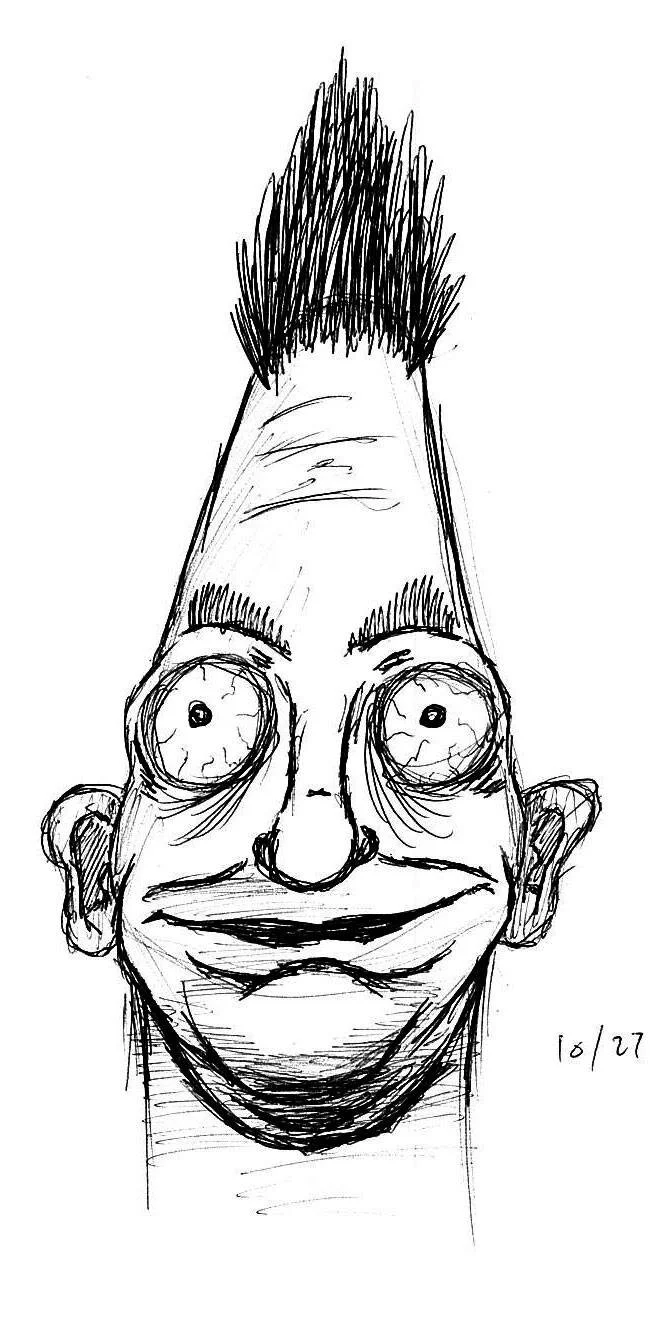 A black and white sketch of a smiling face with exaggerated features, including large, round eyes, a broad smile, and a tall, spiky hairstyle.