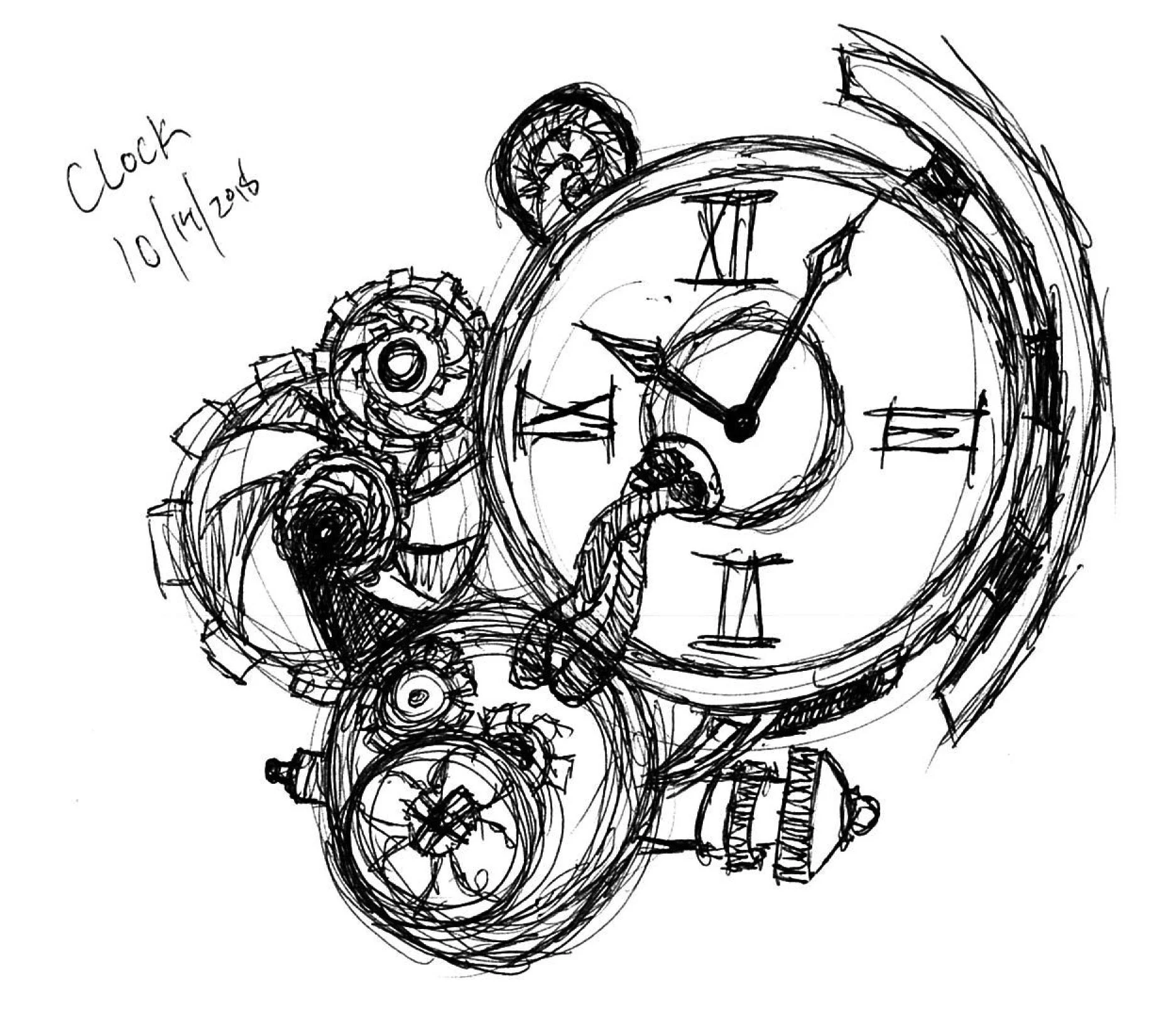 A sketch of various clock faces, showing different times, with a handwritten note that says 'Clock 10/14/2018'.