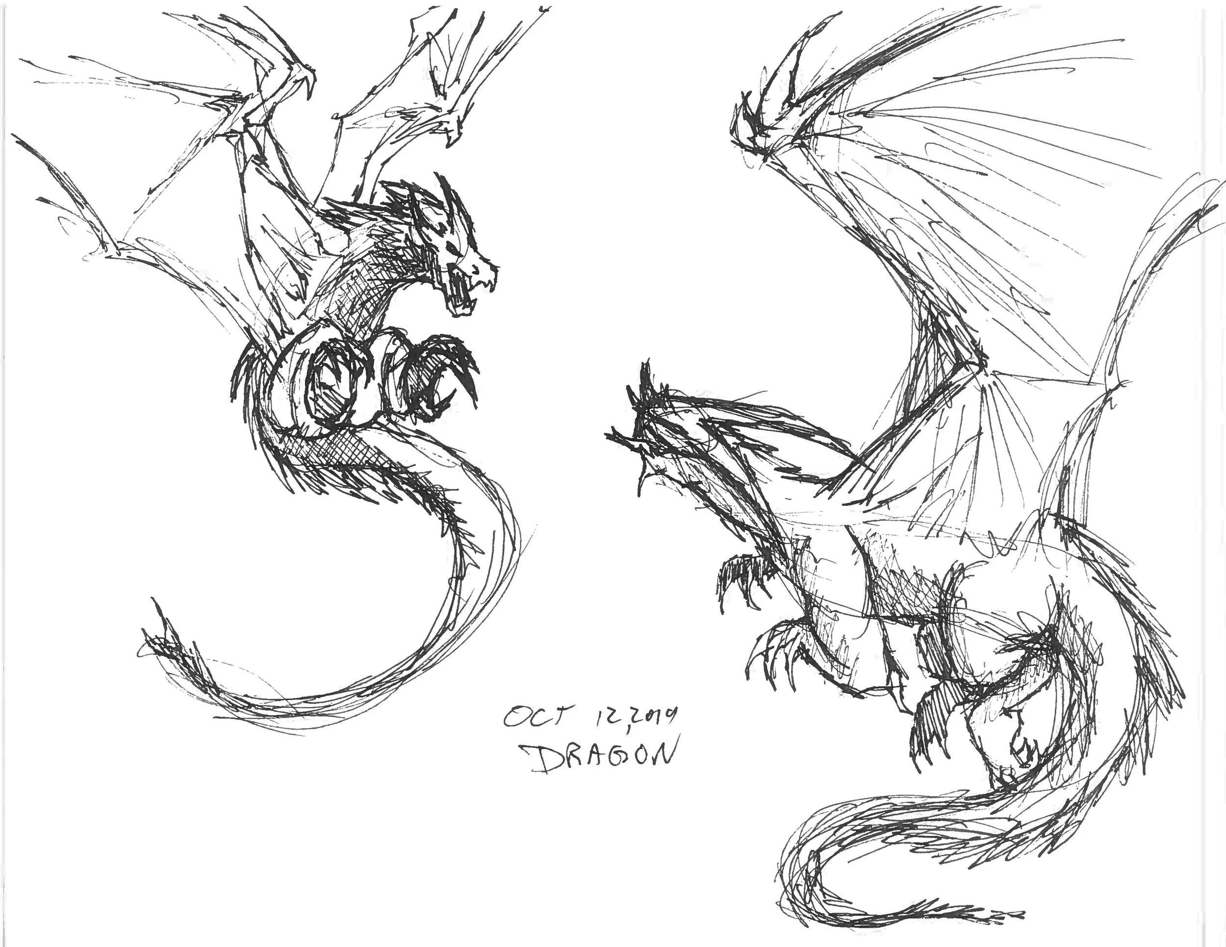 Sketches of two fierce dragons facing each other, with detailed scales and wings, dated October 12, 2019, and labeled "DRAGON."