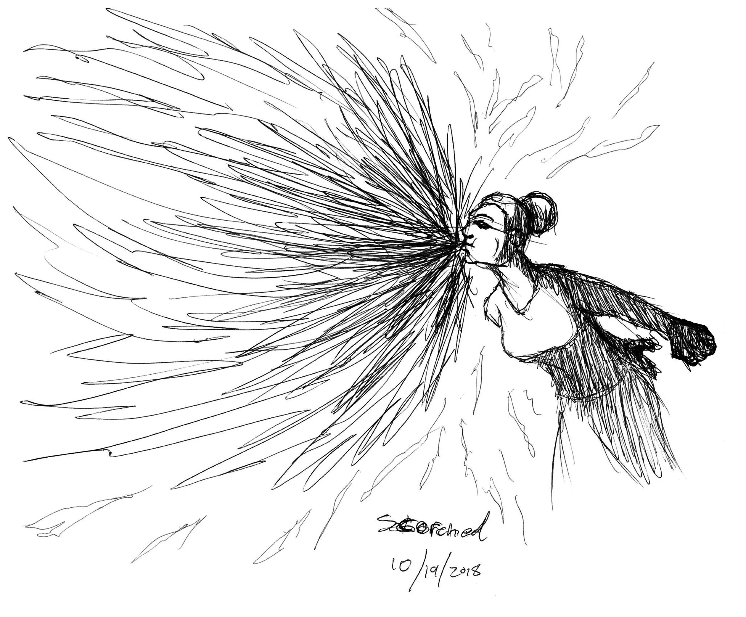 A sketch of a woman blowing wind from her mouth, with lines radiating outward to symbolize the wind. The woman has her hair in a bun and is wearing a short-sleeved shirt and pants. The drawing is signed and dated October 19, 2018.