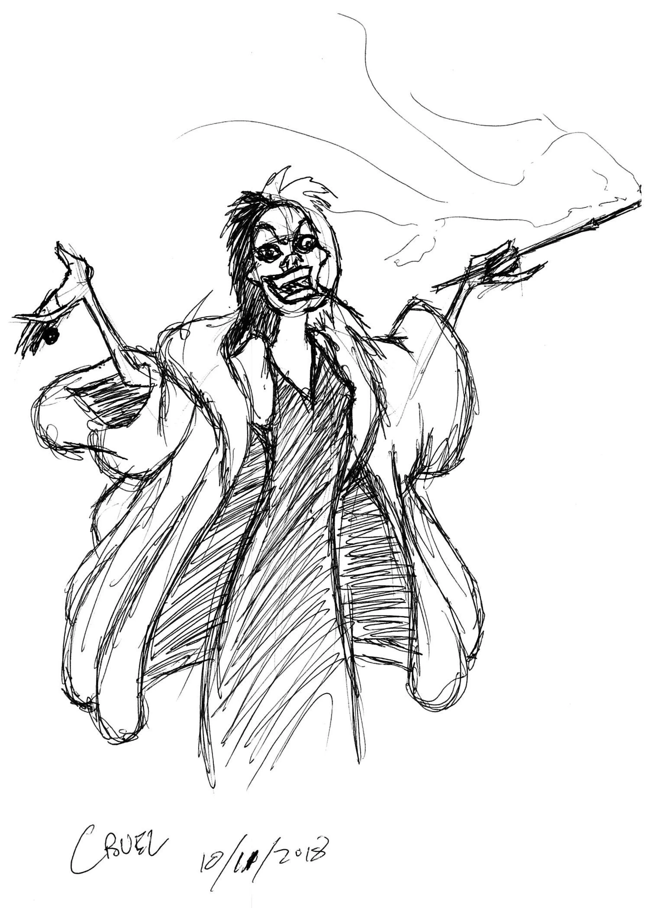 A sketch of a woman with long hair, wearing a flowing gown, smiling, with arms spread wide, holding a long stick with a cloth or smoke coming from it.