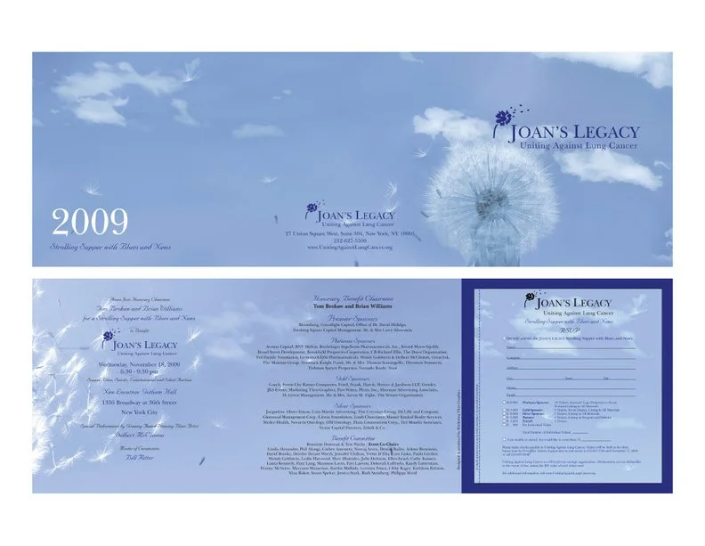 A 2009 flyer for Joan's Legacy, an organization supporting lung cancer research, featuring dandelion imagery and event details.