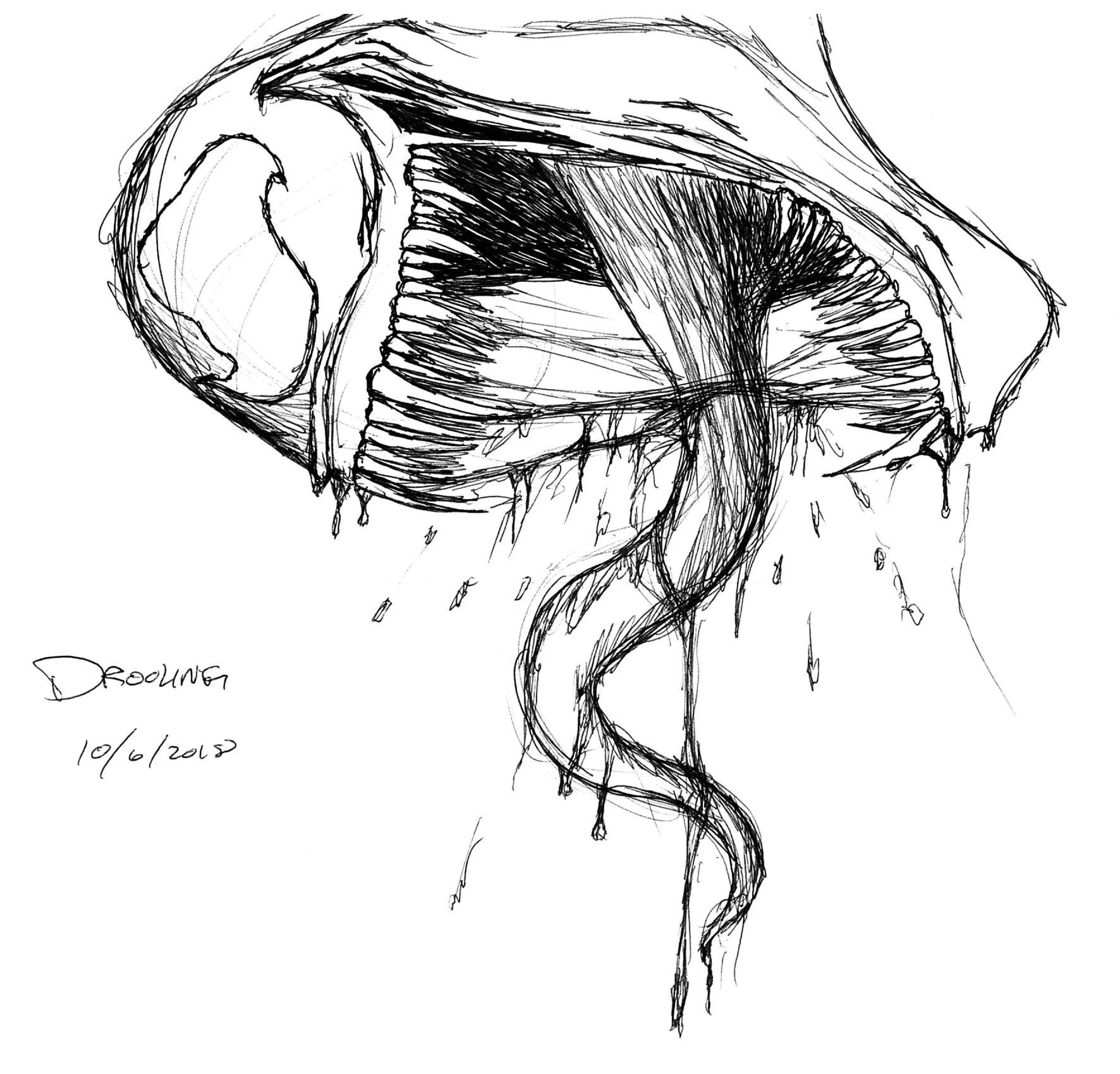 Black ink sketch of a brain with a snake emerging from it, dated 10/6/2019, titled "Drooling."