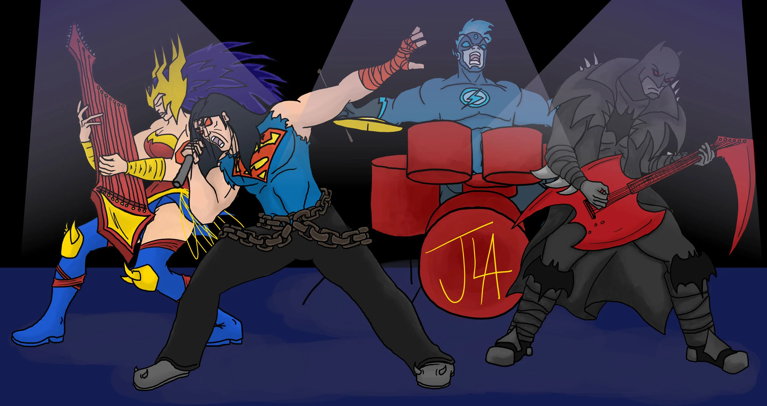 Cartoon illustration of four musicians dressed as superheroes playing guitars and drums on stage; one with chains, another with spiked armor, and two with brightly colored costumes.