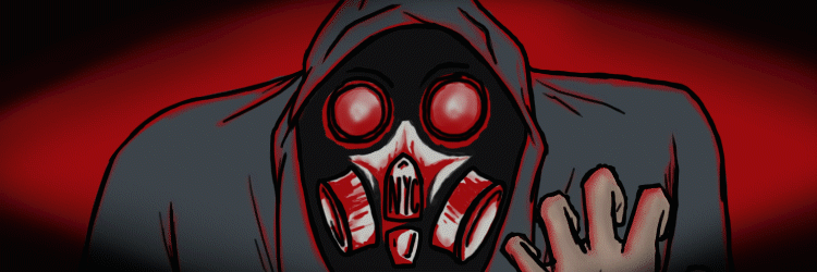 A character wearing a gas mask and hoodie, with a dark red background, creating a sinister or ominous appearance.