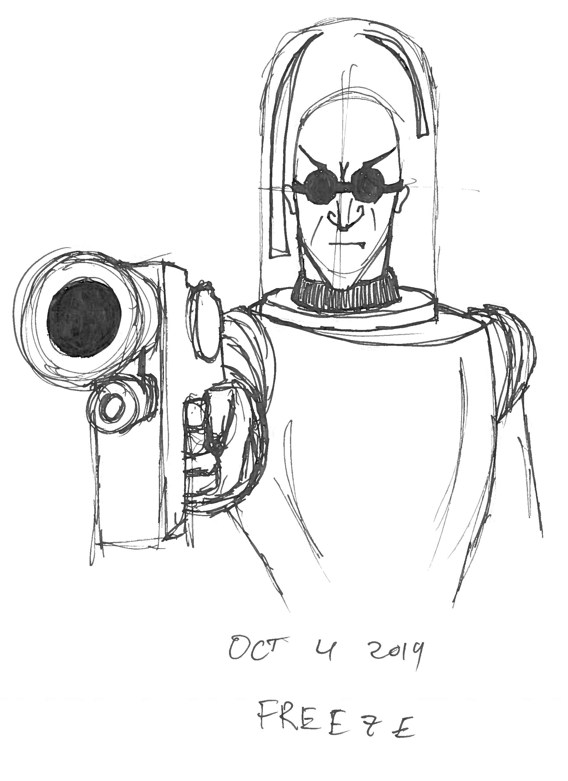 A sketched drawing of a person wearing sunglasses, holding a large camera, with the date 'Oct 4 2019' and the word 'FREE' written below.