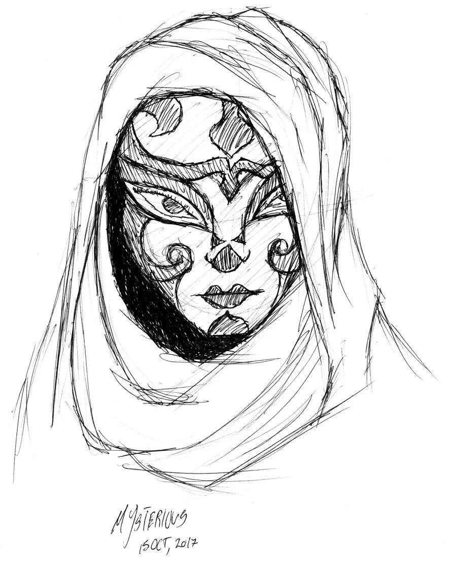 A black and white sketch of a woman wearing a hood, with tribal-style face paint covering half her face, including lines and swirls around her eyes and cheeks. The drawing is signed 'My Serious' and dated October 2012.