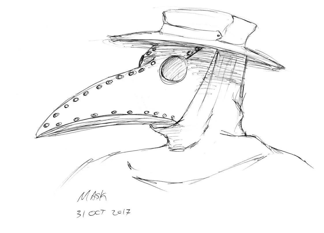 Sketch of a person wearing a bird-shaped mask with a wide beak, rivet details, a round eye, and a wide-brimmed hat, dated October 31, 2017.