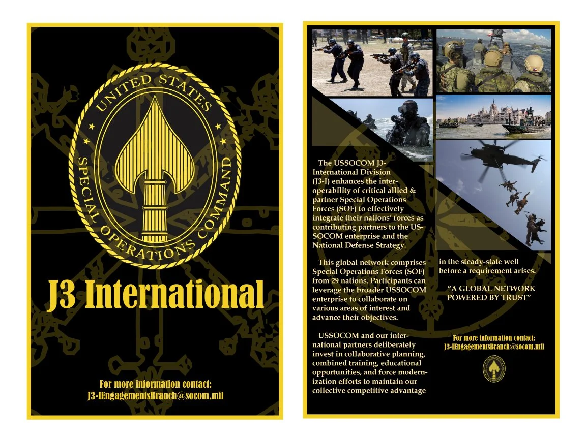 Brochure for U.S. Special Operations Command J3 International, featuring a logo with a spade emblem, and images of military personnel, boats, helicopters, and a cityscape. Contains contact information for further inquiry.