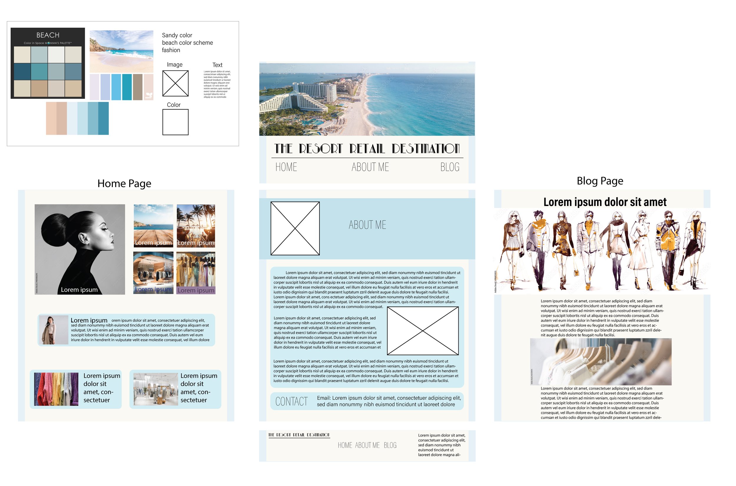 Webpage layout with a header image of a beach resort, sections for home and blog pages, filler text, images of fashion models, and beach scenes, featuring a blue and beige color scheme.