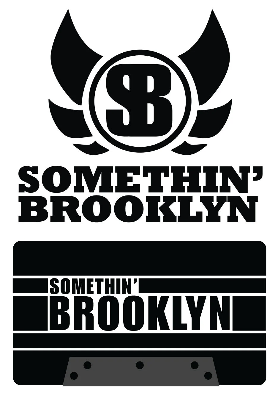 Black and white graphic featuring a badge with wings and the letters S and B, and the text 'SOMETHIN' BROOKLYN' above a cassette tape with the same text.