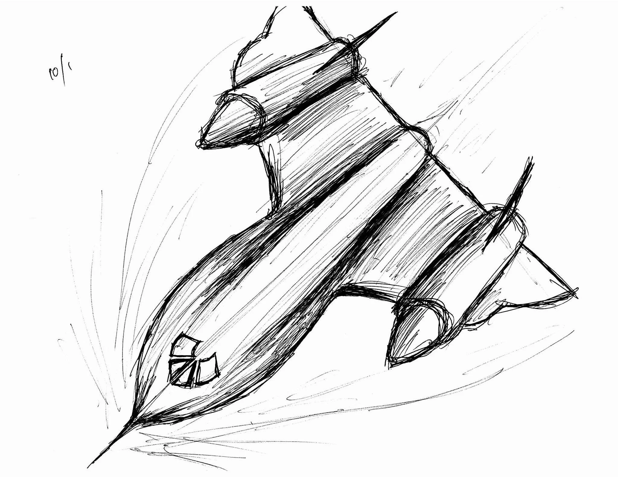 A black and white sketch of a space shuttle with detailed lines and shading.