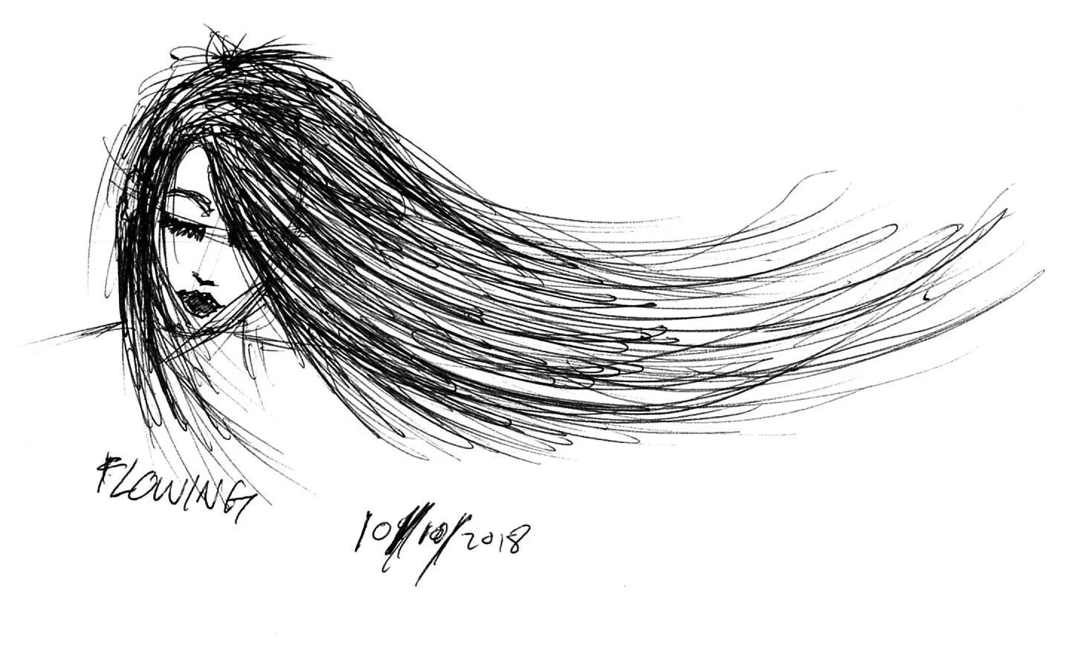 Sketch of a woman with long flowing hair, closed eyes, and dark lipstick, facing left. Handwritten words 'FLOWING' and the date '10/09/2018' are also visible.