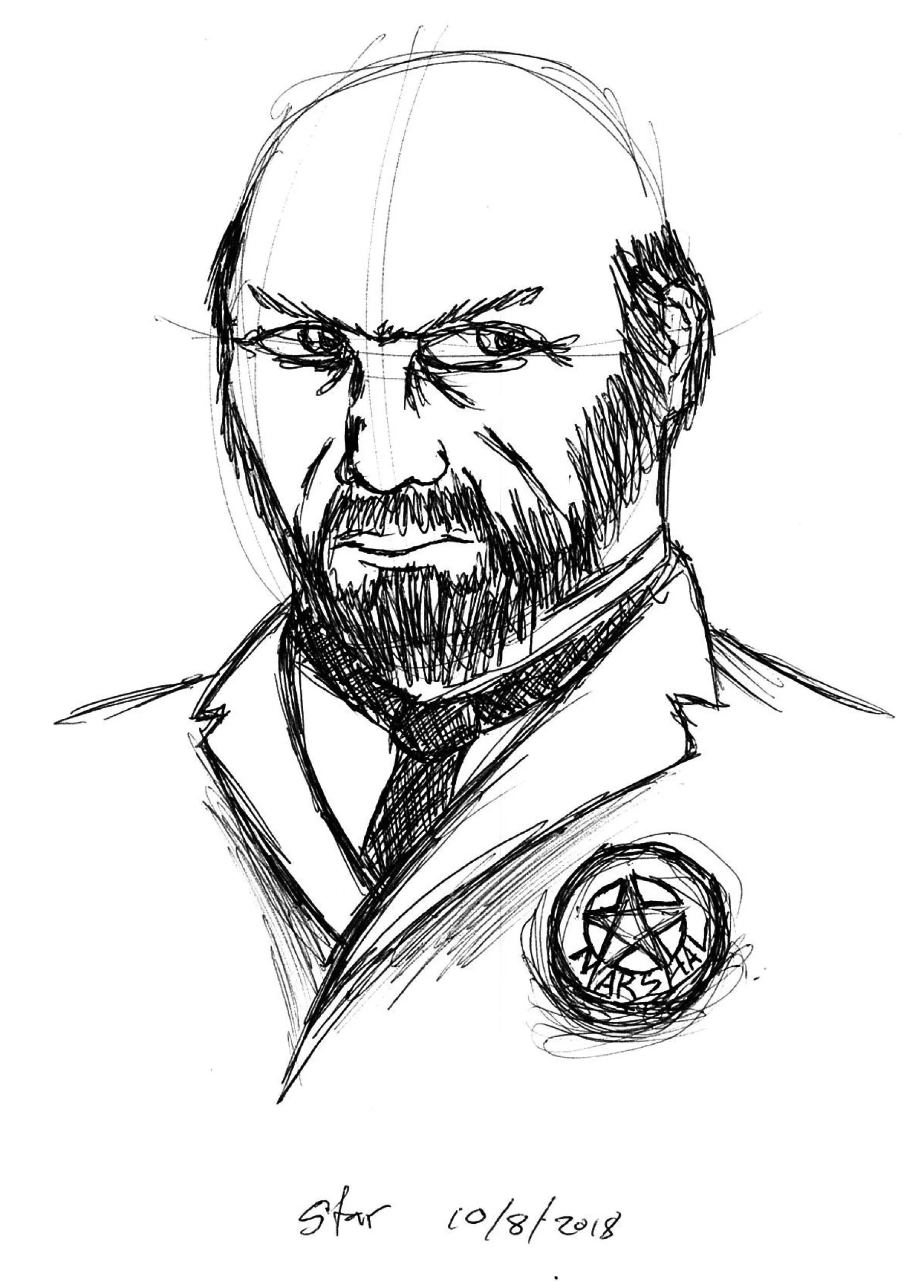 Line drawing of a bearded man with glasses, wearing a uniform with a badge that has a star and circle emblem, dated 10/8/2018.