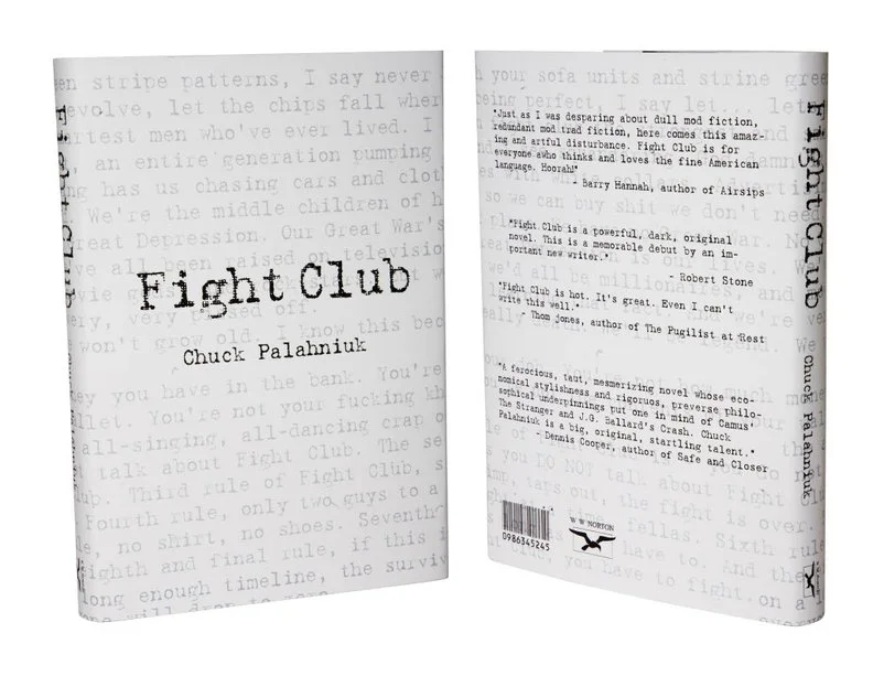 Cover of the book "Fight Club" by Chuck Palahniuk, featuring black text on a white background with a collage of newspaper clippings and torn pages.