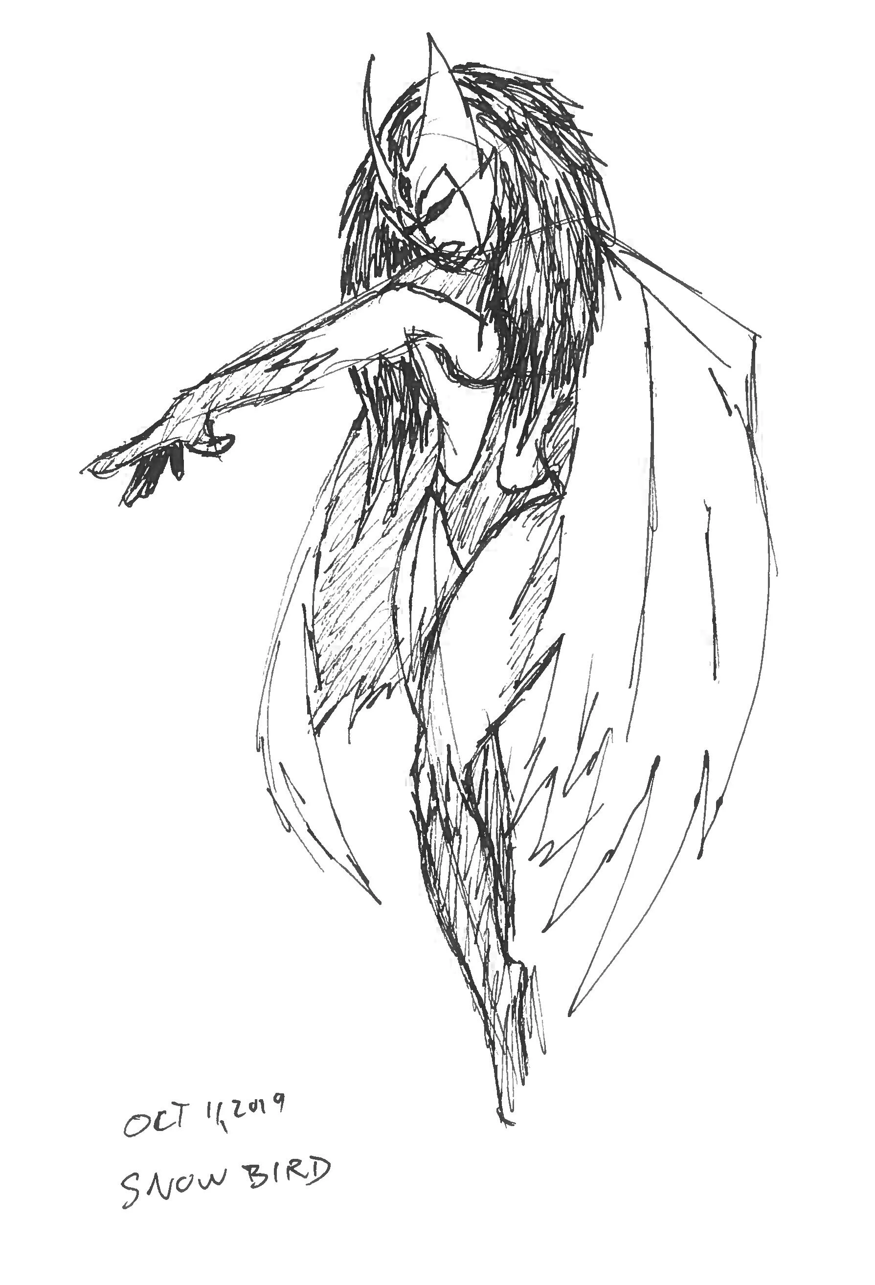 Line drawing of a humanoid figure with animal features, long hair, pointed ears, and a snout, wearing sunglasses, with one arm extended outward. The drawing is annotated with the date 'Oct 1, 2019' and the words 'Snow Bird'.