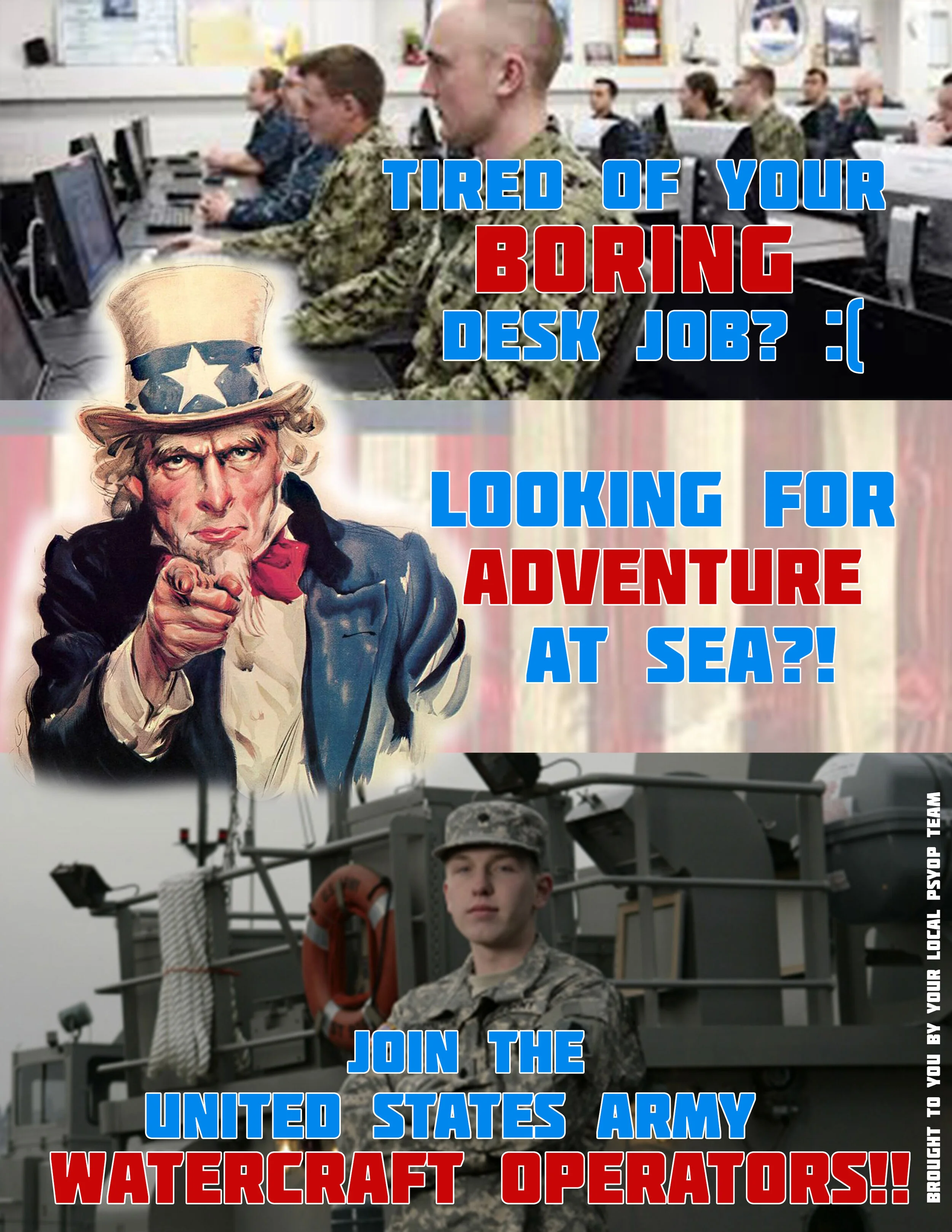 A collage with three sections: the top shows a classroom with students in uniform working at computers, the middle features Uncle Sam in a painted illustration, and the bottom displays a soldier in uniform on a military boat. Overlaid text promotes j