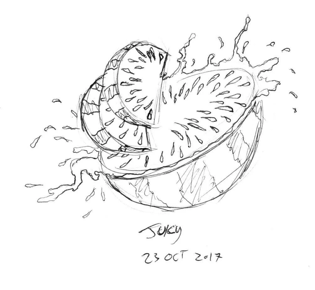 Sketch of a sliced kiwi fruit with juice splashing around it, labeled 'Juicy' with the date October 23, 2017.