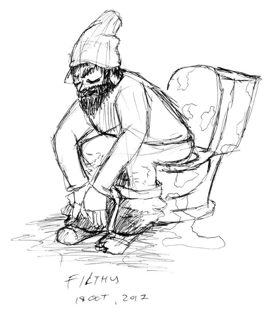 A sketch of a man with a beard squatting on a toilet, wearing a beanie and casual clothing, with the caption 'Fletch 18 Oct, 2017' beneath it.